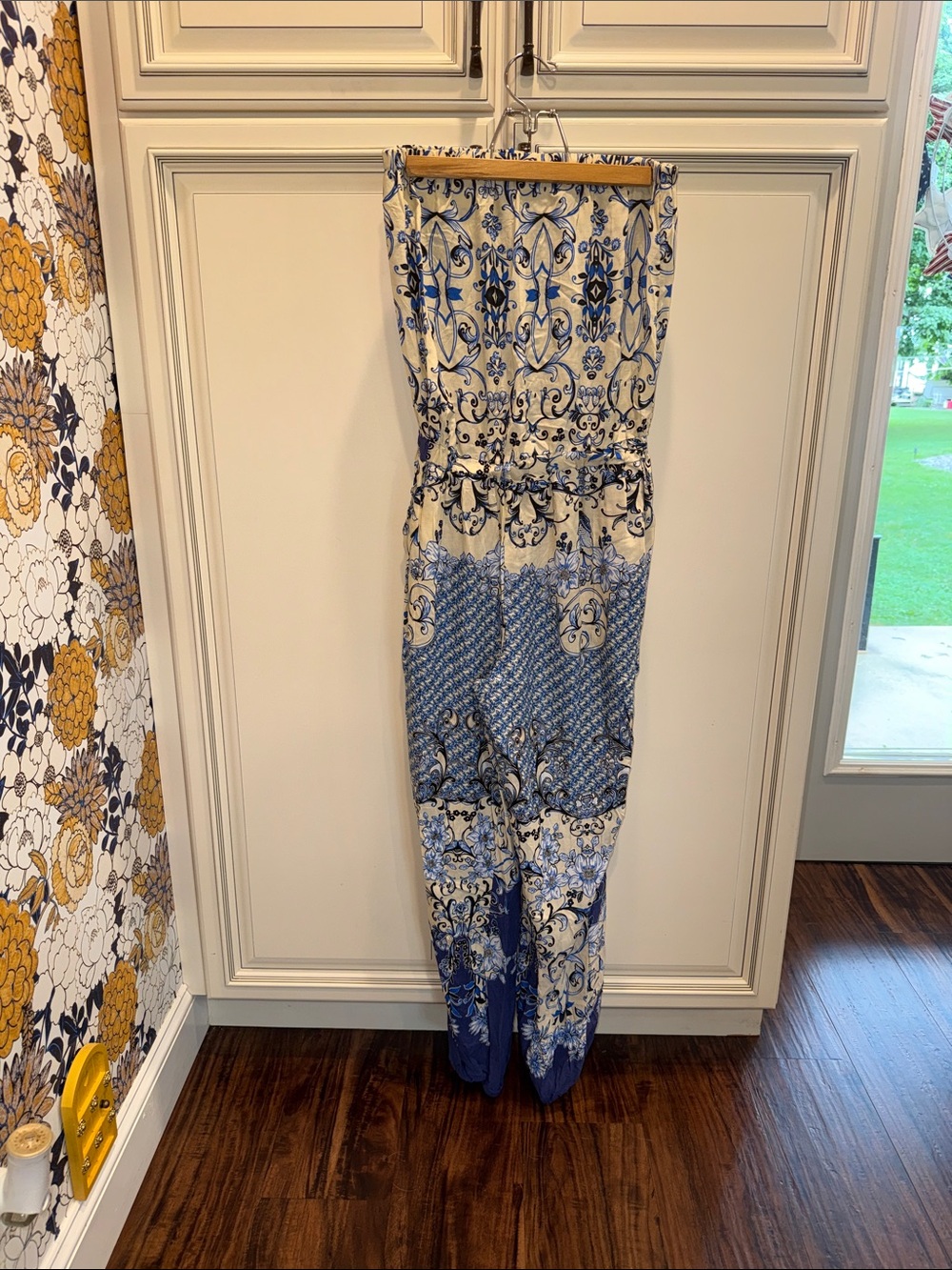 Women's Blue and Cream Printed Strapless Jumpsuit